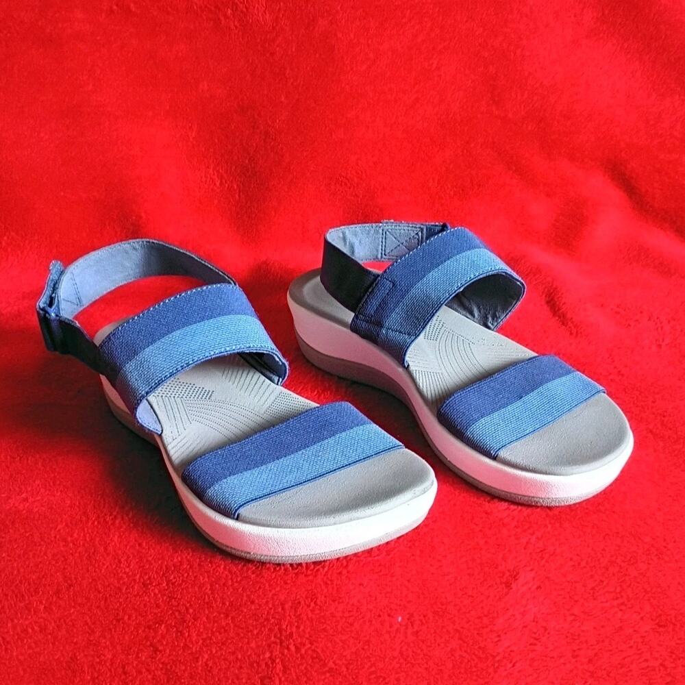 Clarks Arla Jacory Cloudsteppers Sandals Women Sz 7 Slingback Wedge Gray Blue
